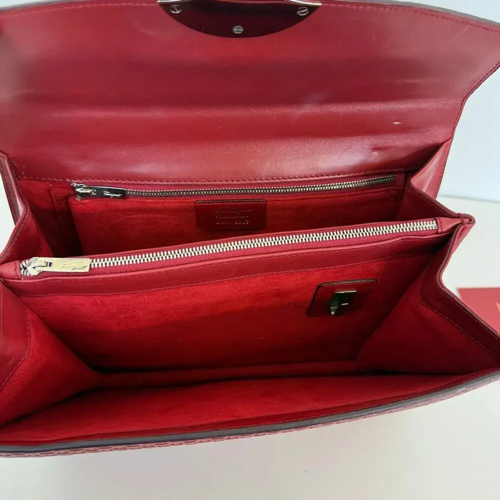 Ferragamo Gancini Woven Top Handle Satchel Bag Red Leather Made in Italy